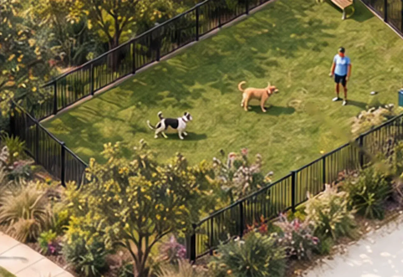 Dogs playing in the fenced off-leash dog park while a resident watches