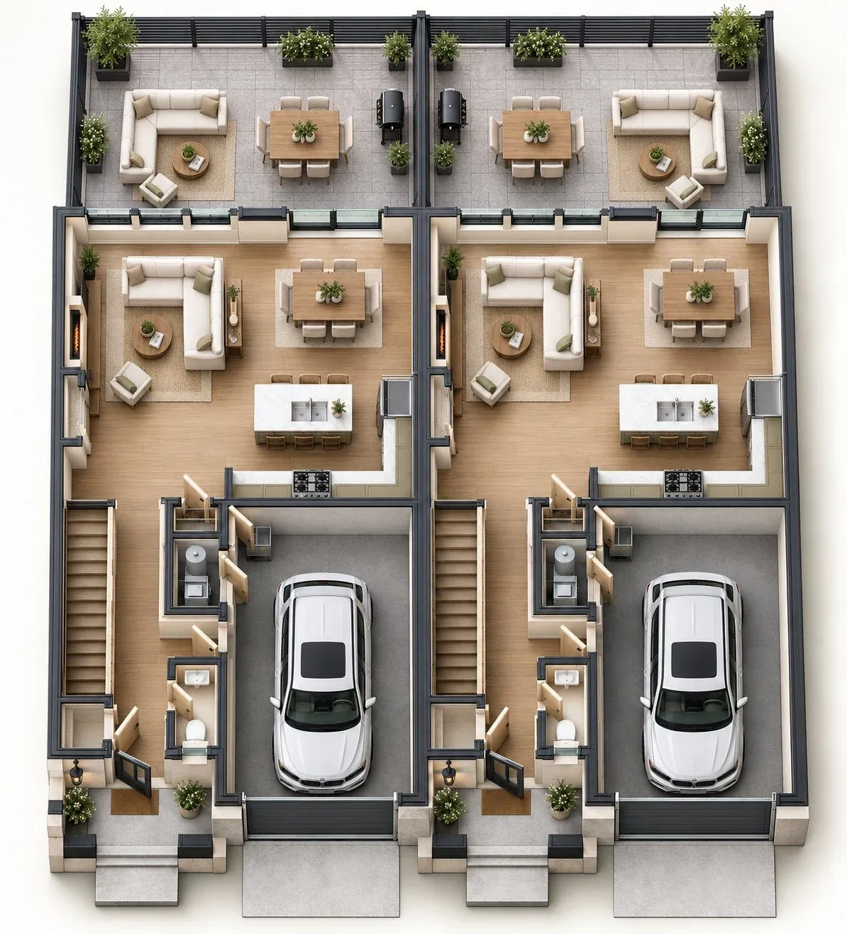 Front-load duplex main level plan with open living and attached garage