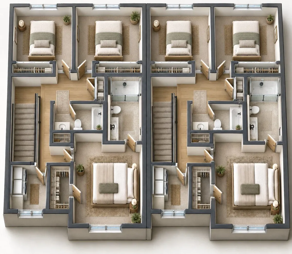 Front-load duplex upper level plan with primary suite
