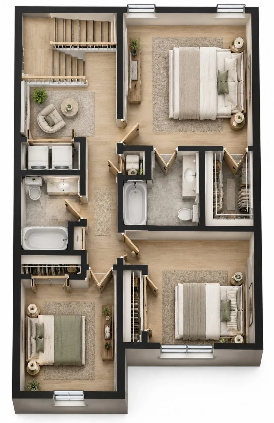 Single-family upper level plan with primary suite and two bedrooms
