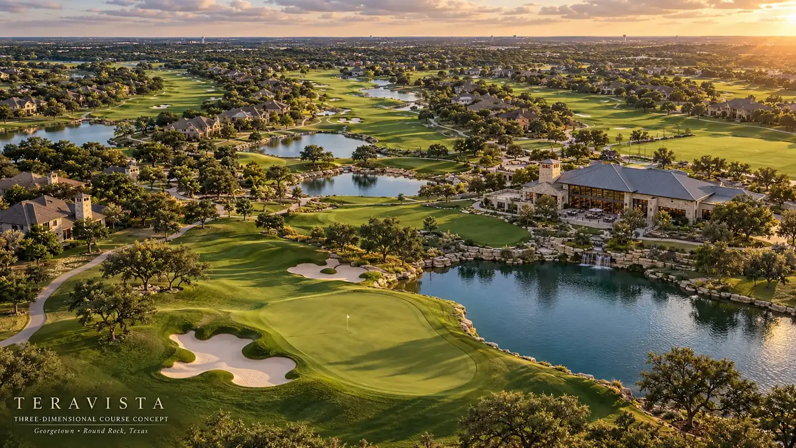 Aerial rendering at sunset of the Teravista golf community: a green guarded by white bunkers beside a stone-edged lake and waterfall, with the clubhouse, fairways and homes beyond