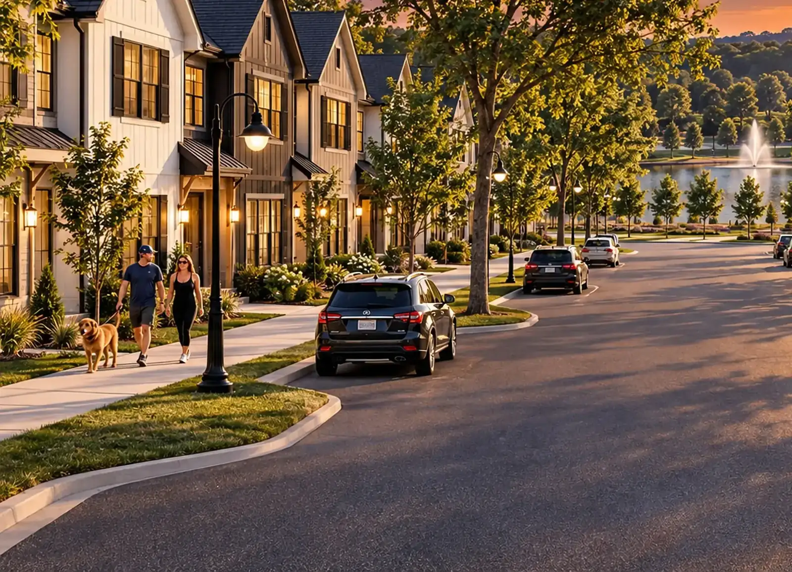 A couple walking a golden retriever along a lamp-lit sidewalk at sunset, with the fountain pond at the end of the street