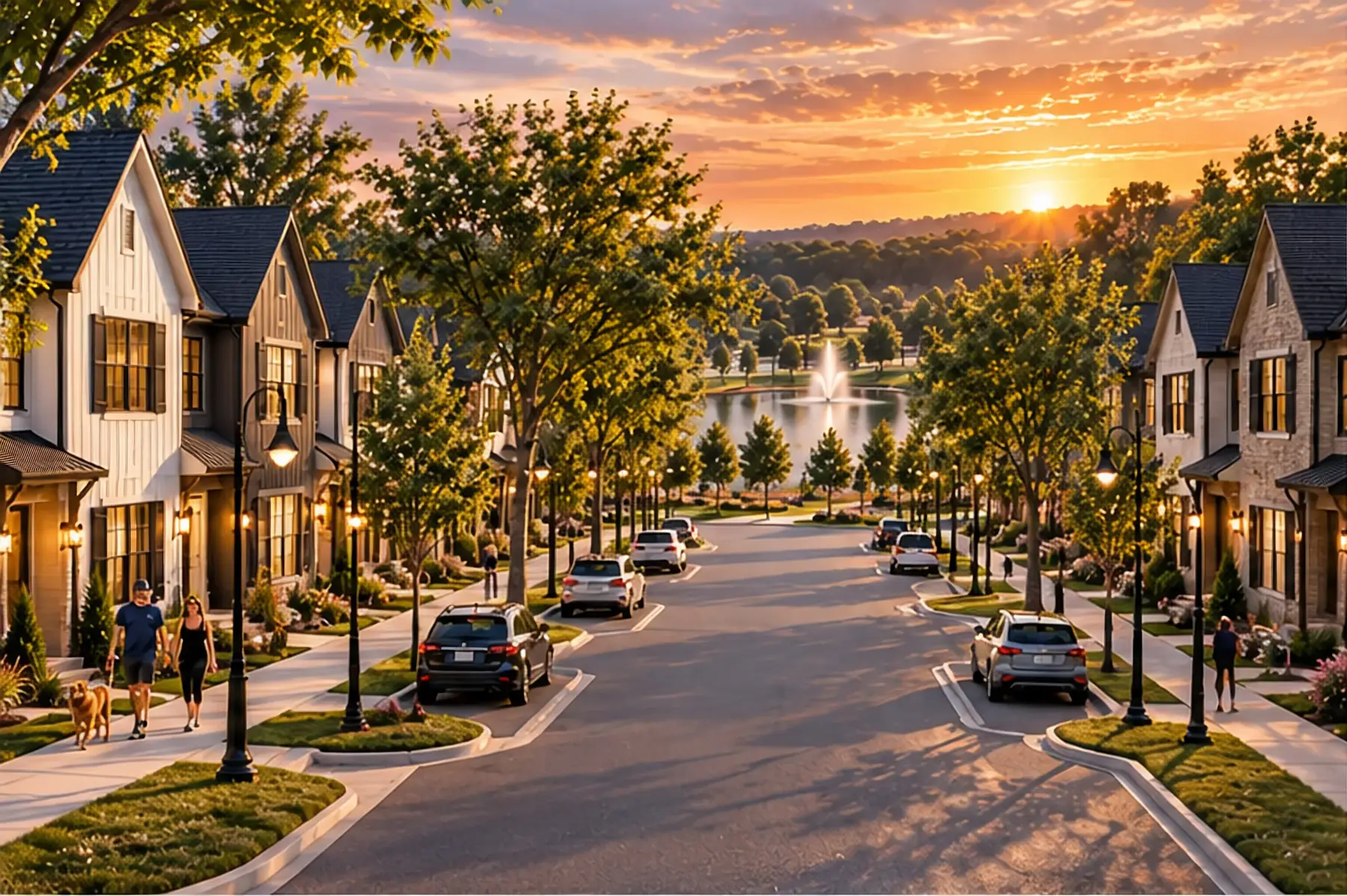 Neighbors walking a golden retriever down a lamp-lit sidewalk toward the fountain pond at sunset
